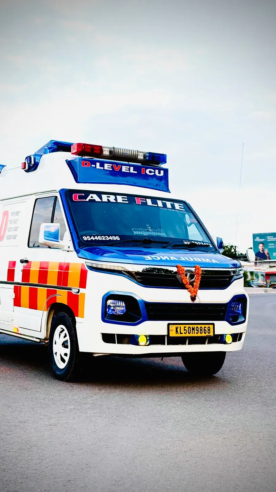 Careflite ambulance parked on duty in Attingal